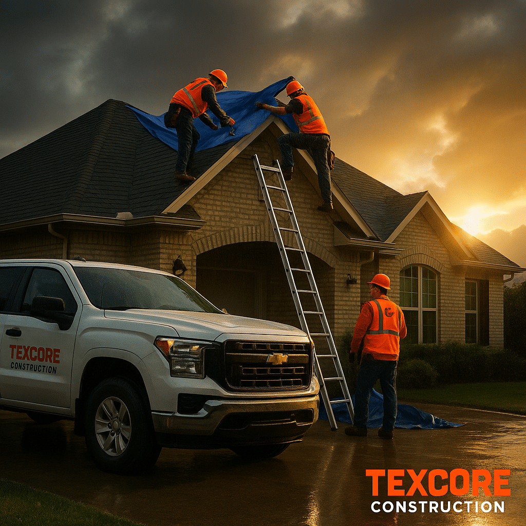 Workers from Texcore Construction performing emergency roof repair on a residential home after a storm, featuring a pickup truck with the Texcore logo, a ladder, and a dramatic sunset backdrop.