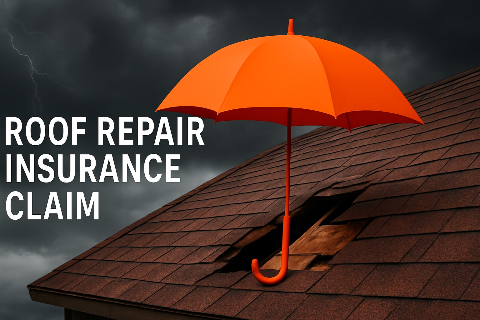 Orange umbrella above a roof with a hole, text overlay reading "Roof Repair Insurance Claim," symbolizing protection against storm damage and the importance of insurance claims for homeowners.