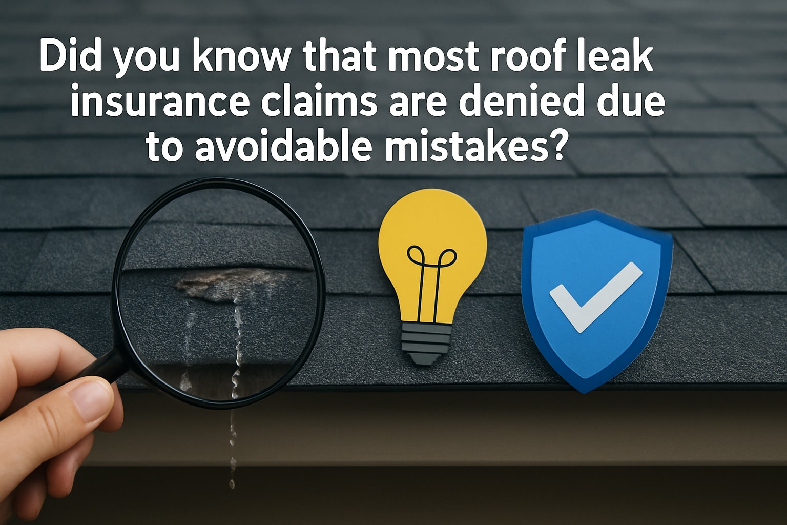 Hand holding a magnifying glass over a roof leak, with a light bulb and a shield icon, featuring text about roof leak insurance claims and avoidable mistakes.