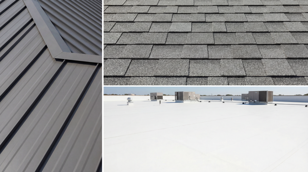 Collage showing three common construction roofing materials: standing seam metal roofing, asphalt shingles, and a white TPO commercial flat roof with HVAC units.