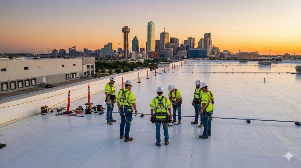 Texcore Construction crew performing a dallas commercial roof repair inspection on a flat roofing system in Dallas with the downtown skyline in the background
