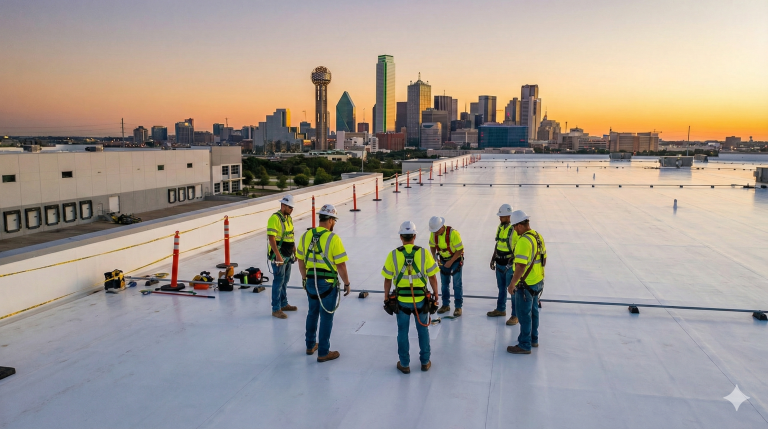 Group of construction workers in safety gear inspecting a commercial roof with Dallas skyline at sunset, representing Texcore Construction's commitment to quality roofing services.