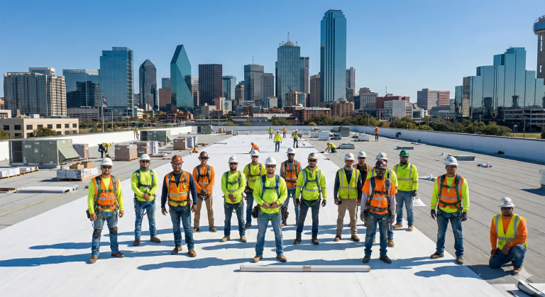 Team of roofers in safety gear on a commercial roofing project with Dallas skyline in the background, representing Texcore Construction's commitment to quality and expertise in roofing services.