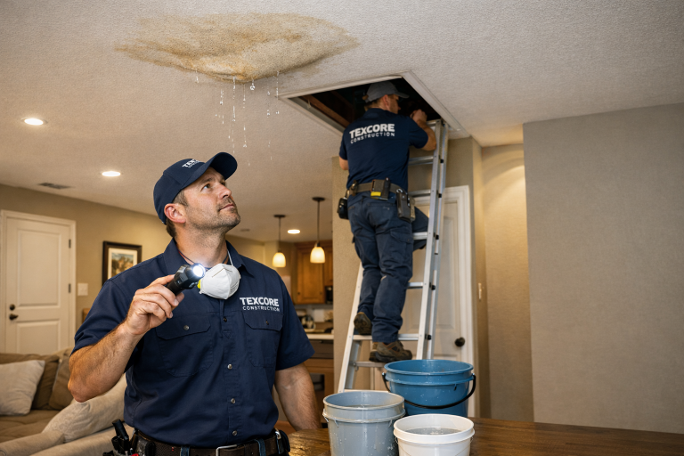 Texcore Construction technician inspecting a ceiling leak with a flashlight, water dripping from a stained area, while another technician repairs the ceiling above, highlighting emergency roofing services in Fort Worth.