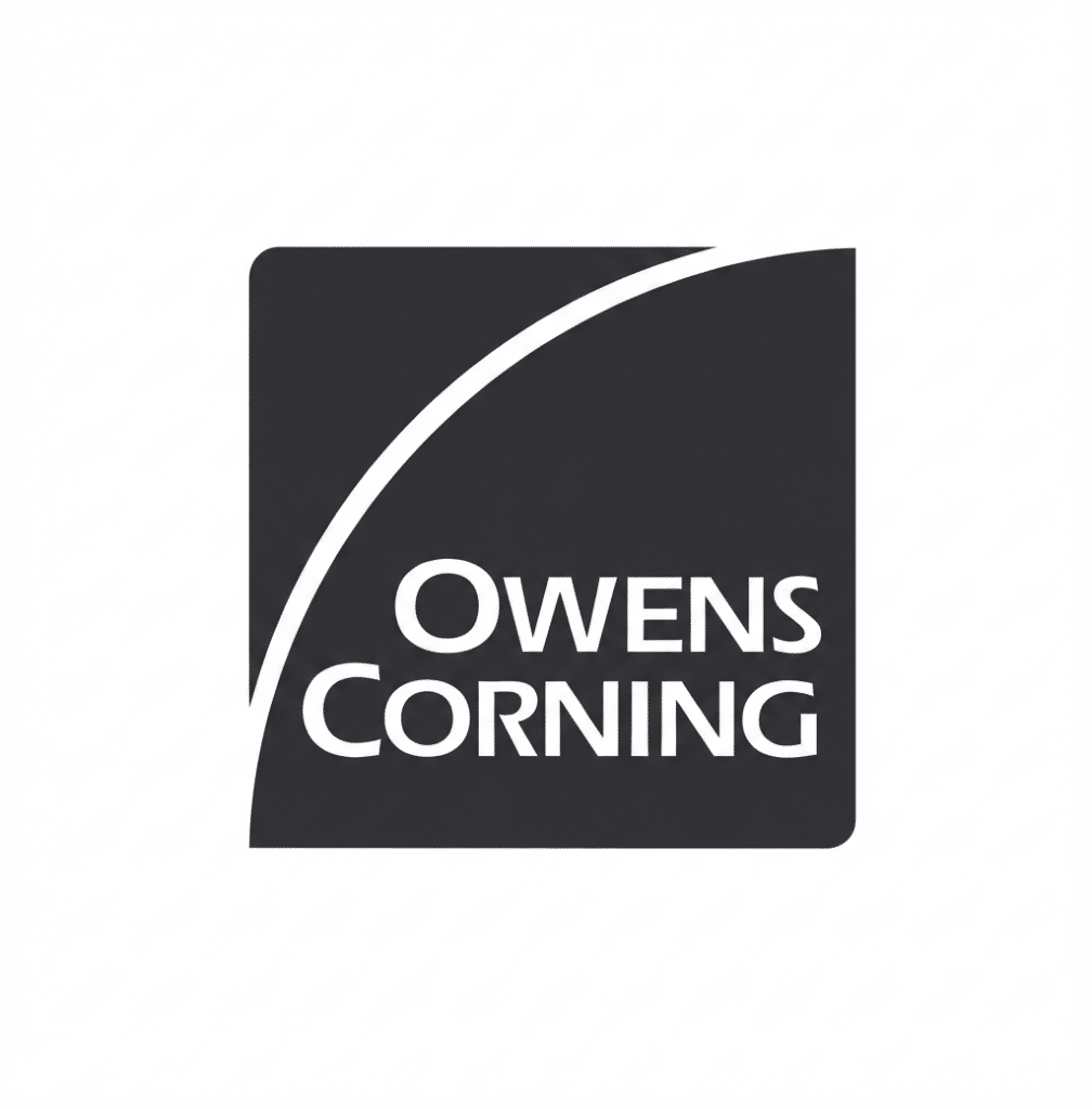 Owens Corning logo, a leading brand in roofing materials, featured prominently in Texcore Construction's emergency roof repair services context.