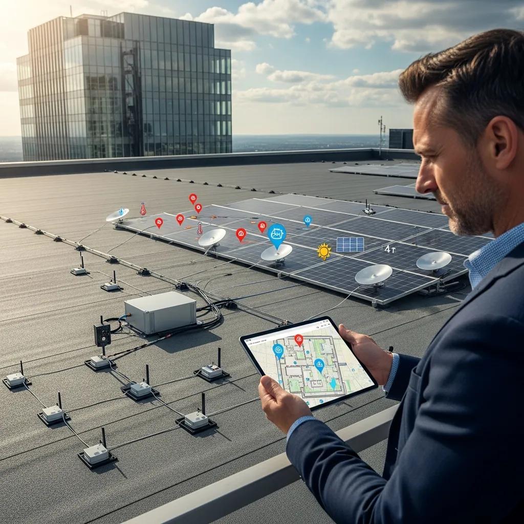 Business owner using tablet to monitor smart roofing technology on commercial building, featuring solar panels and sensors for real-time roof condition tracking.