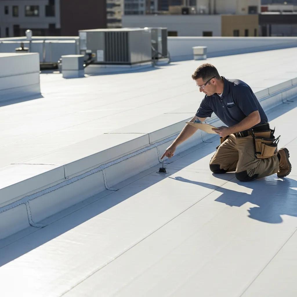 Technician inspecting a TPO roofing system on a commercial building, highlighting durability and reflectivity benefits for Texas businesses.