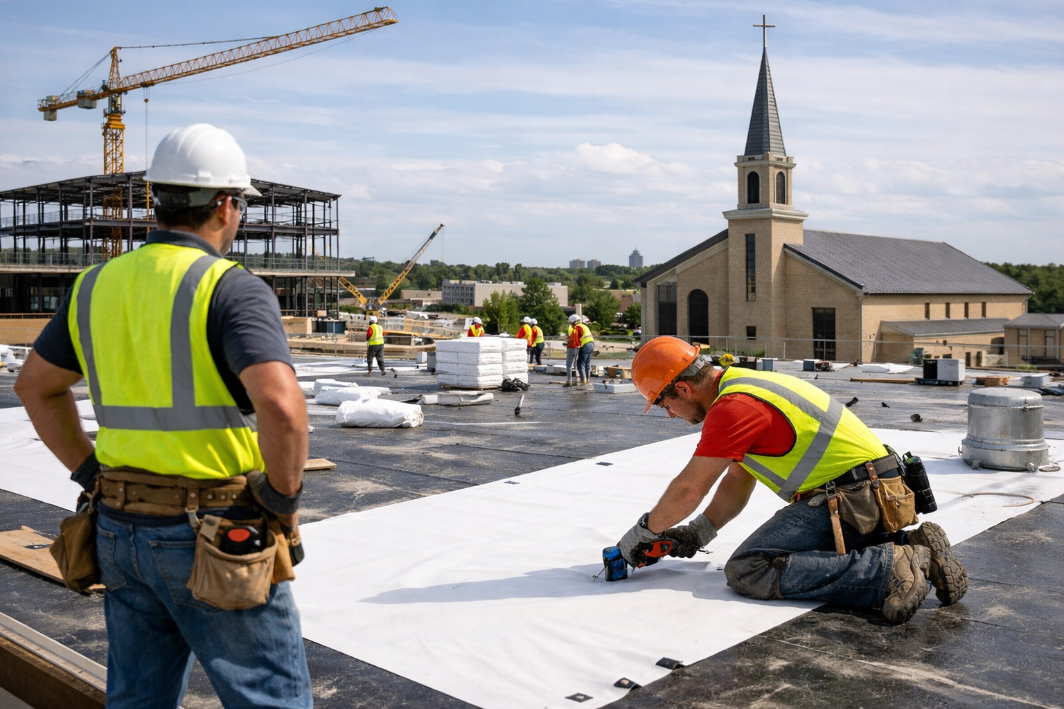 Construction workers installing roofing materials on a commercial building in North Texas, with a church steeple and cranes in the background, highlighting the importance of skilled labor in new construction projects.