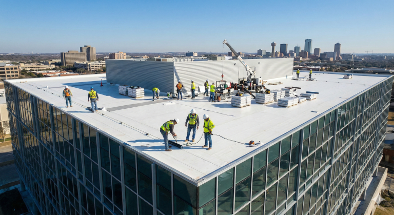 Commercial roofing contractors working on a flat roof in Fort Worth, Texas, with skyline in the background, showcasing teamwork and construction materials.