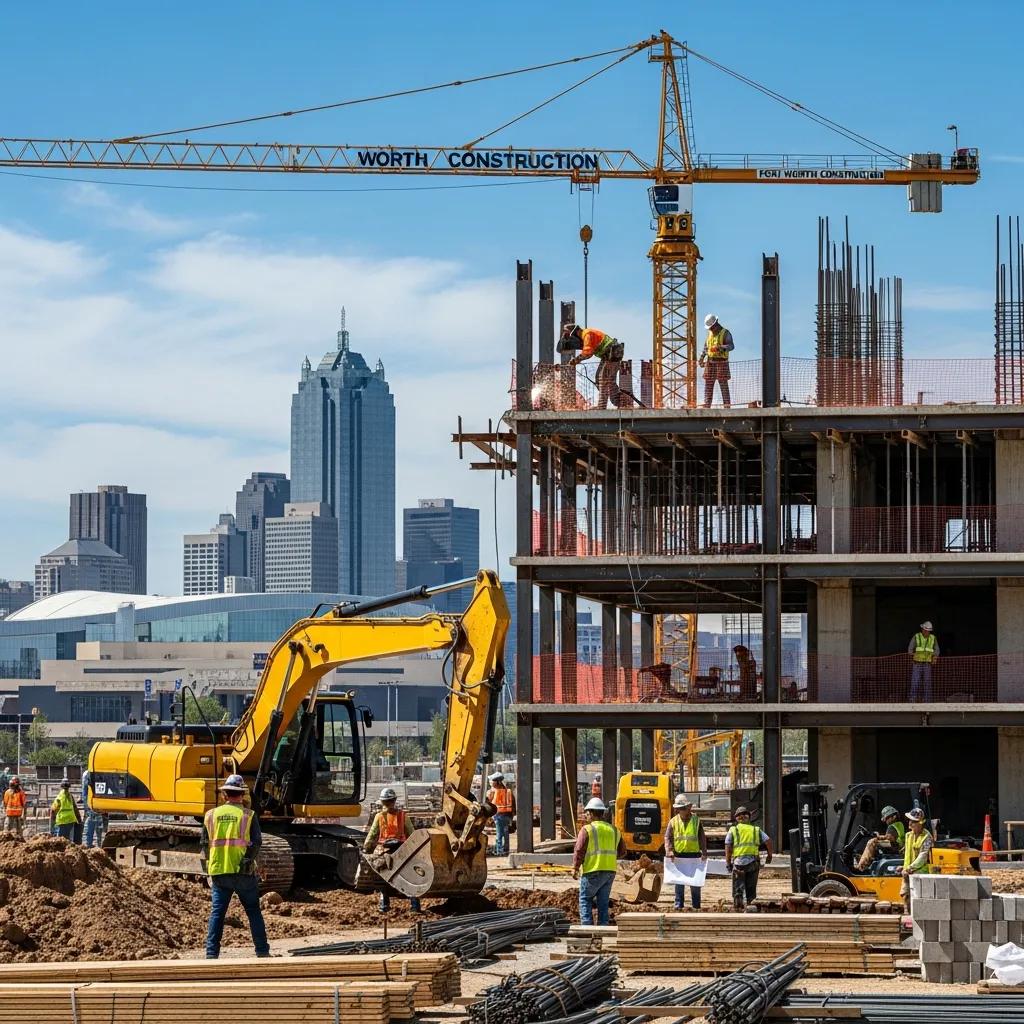 Construction site in Fort Worth, Texas, featuring workers in safety gear, heavy machinery, and a crane labeled "WORTH CONSTRUCTION," with a city skyline in the background.