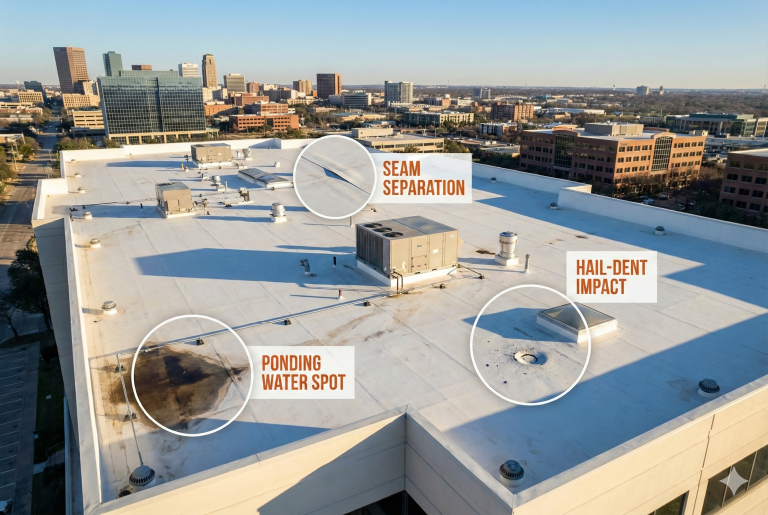 Aerial view of a commercial roof in Fort Worth showing seam separation, hail-dent impact, and a ponding water spot, highlighting common roofing issues for businesses.