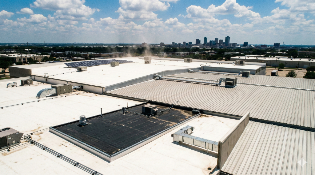 Fort Worth commercial building with multiple commercial roofing systems including TPO, metal, and modified bitumen under Texas summer sky