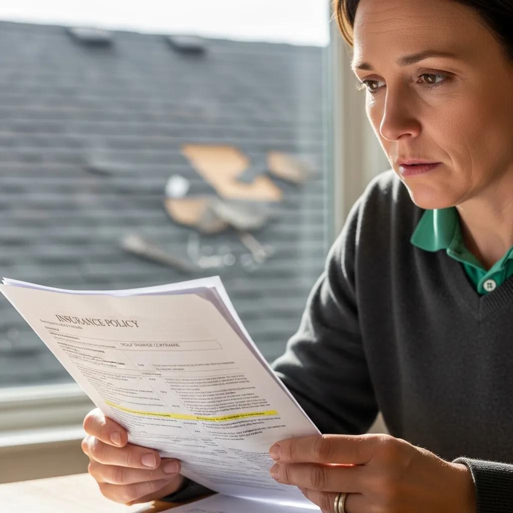 Woman reviewing an insurance policy document with highlighted sections, focused expression, and damaged roof visible in the background, emphasizing the importance of understanding homeowners insurance for roof coverage in Fort Worth.