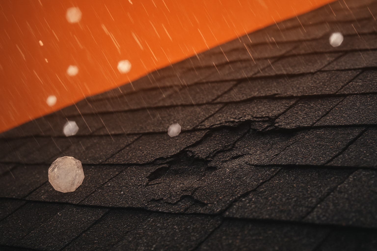 Hailstones impacting a damaged asphalt shingle roof, illustrating roof hail damage in a stormy setting.
