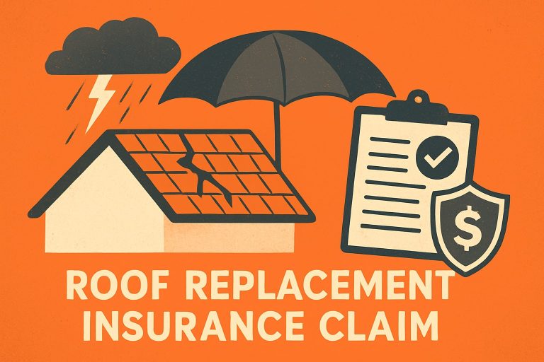 Roof replacement insurance claim graphic featuring a damaged house with solar panels, an umbrella, storm clouds, and a checklist with a dollar sign, symbolizing roofing services and insurance guidance.