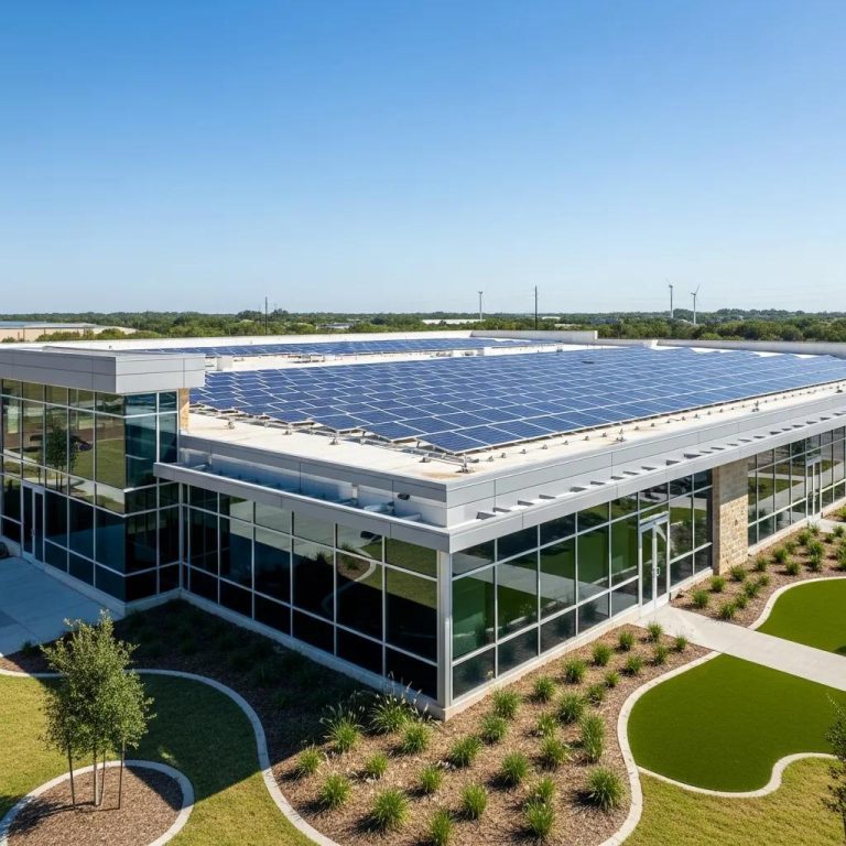 Texas commercial building with energy-efficient roofing under a clear blue sky