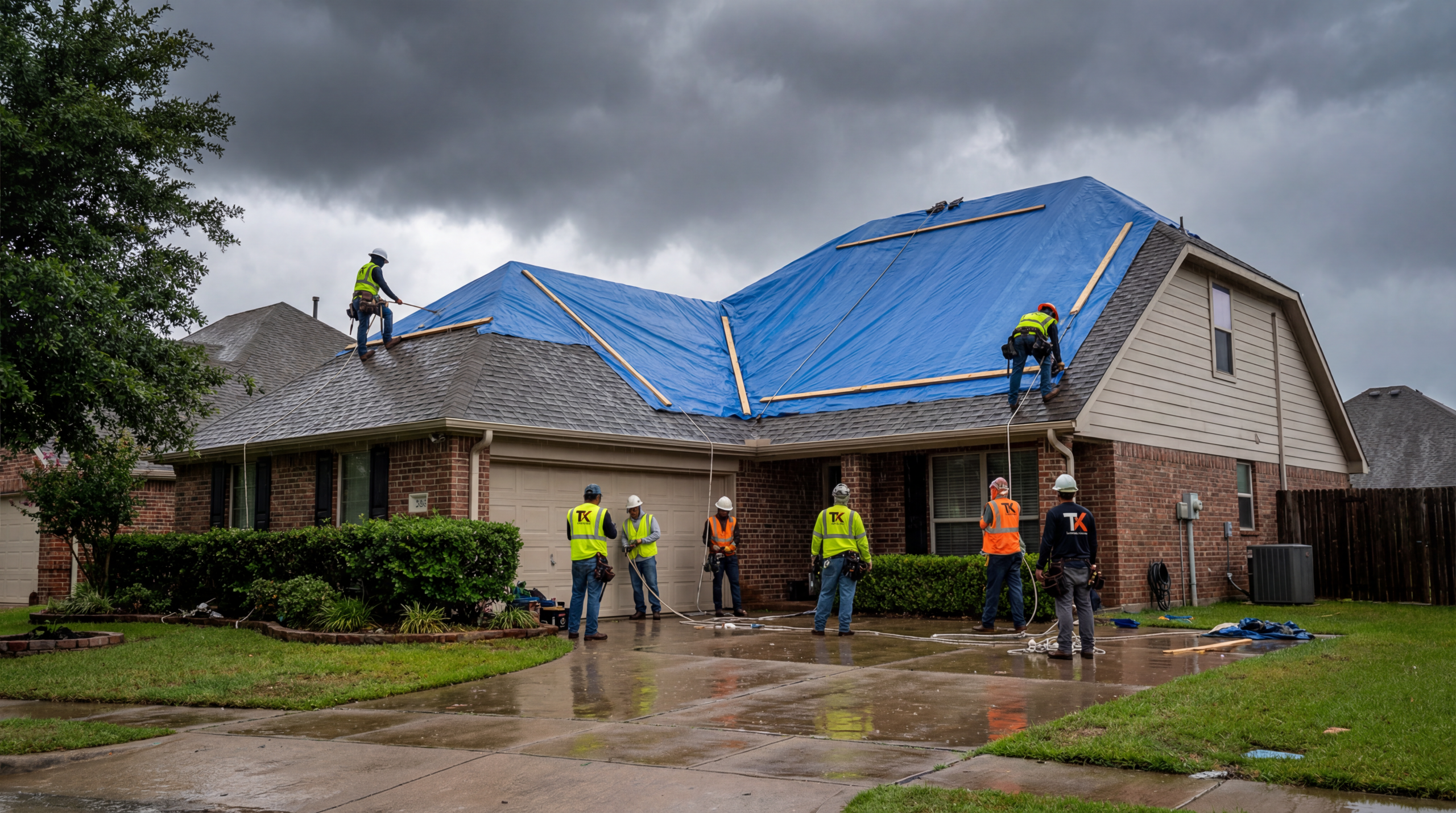 Emergency roofing team installing blue tarp on residential roof after storm in North Texas, with cloudy skies and wet ground.