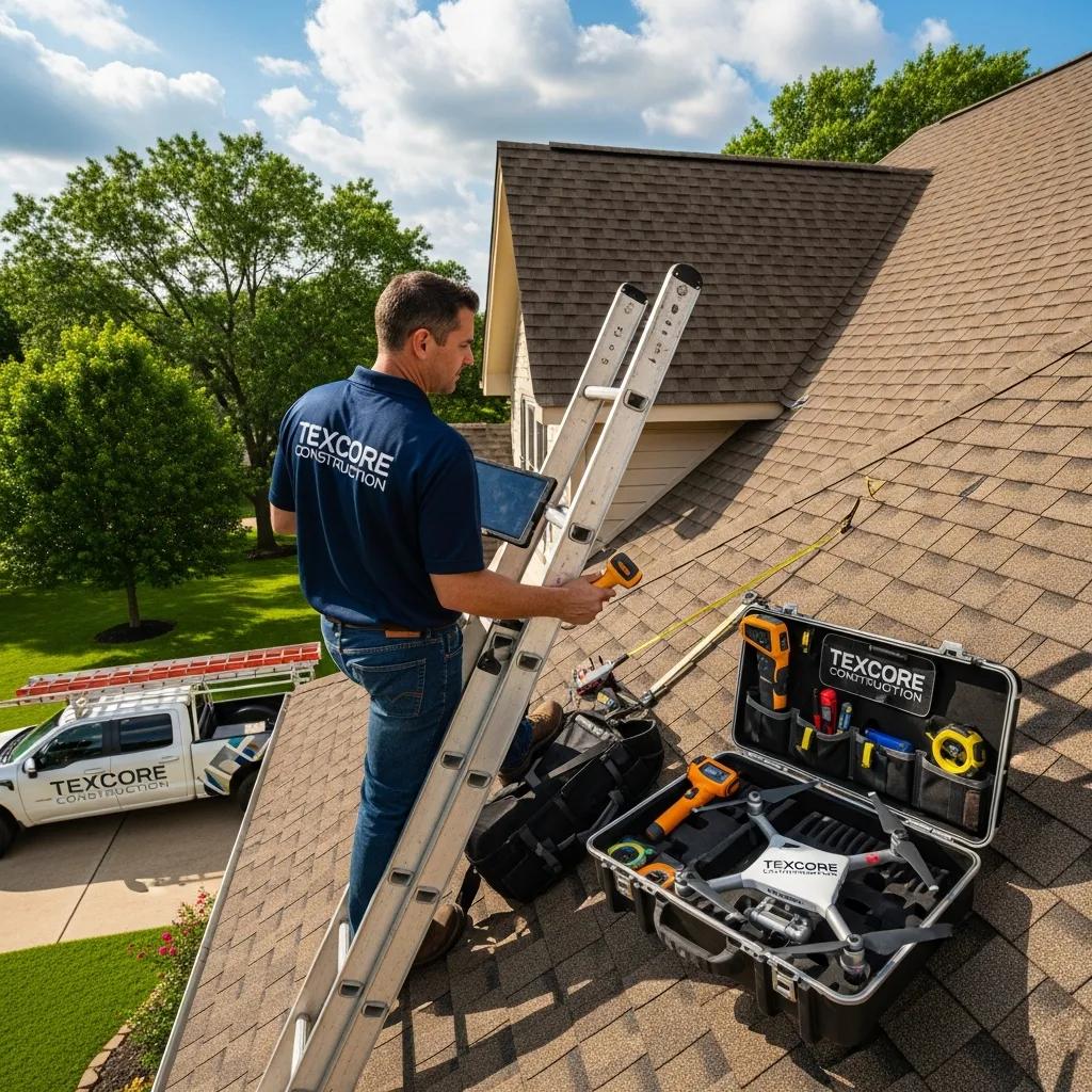 Texcore Construction professional inspecting a residential roof with tools, demonstrating expertise in roofing assessments for Fort Worth homeowners.