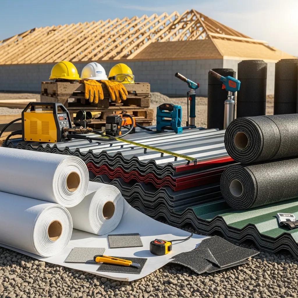 Variety of roofing materials including TPO, metal, and modified bitumen, alongside tools and safety equipment, on a construction site for commercial roofing projects in Fort Worth.