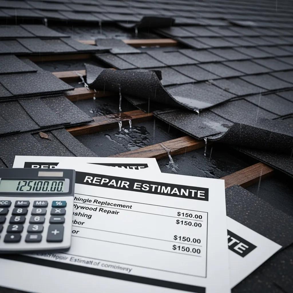 Close-up of a damaged roof with leaks and repair estimates highlighting emergency repair costs