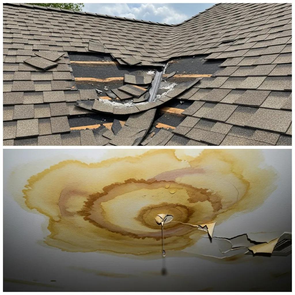 Close-up of damaged roof shingles with missing pieces and visible water stains on the ceiling, indicating significant roof damage and potential leaks.