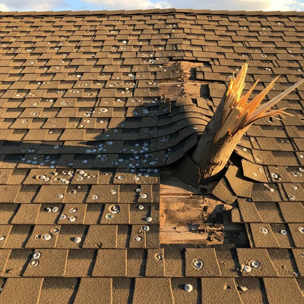 Close-up of a damaged roof featuring hail dents, missing shingles, and a broken tree branch protruding through a hole, illustrating urgent roof repair needs in Fort Worth, TX.