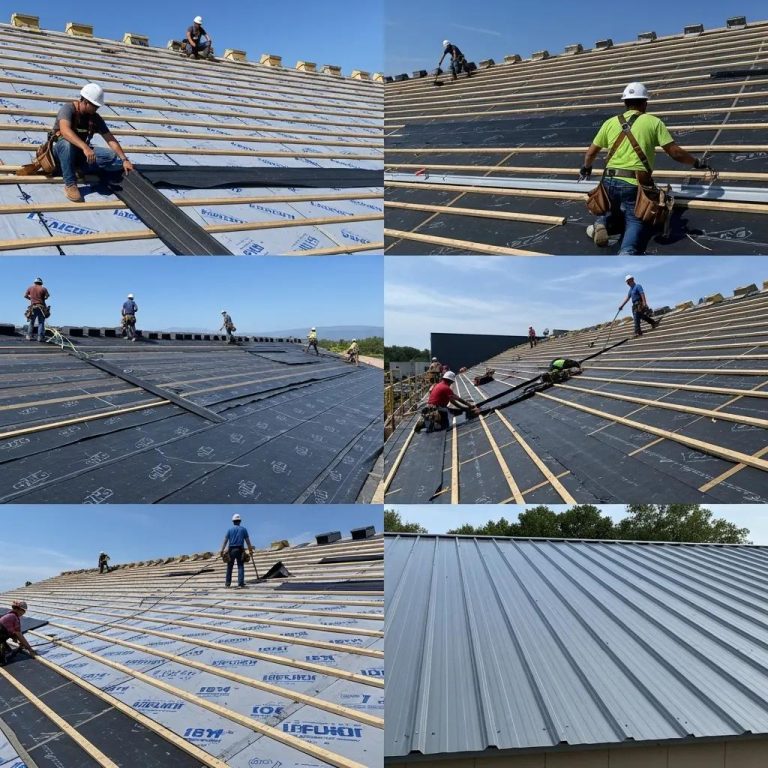 Diverse commercial roofing materials being installed on a building, highlighting durability and energy efficiency