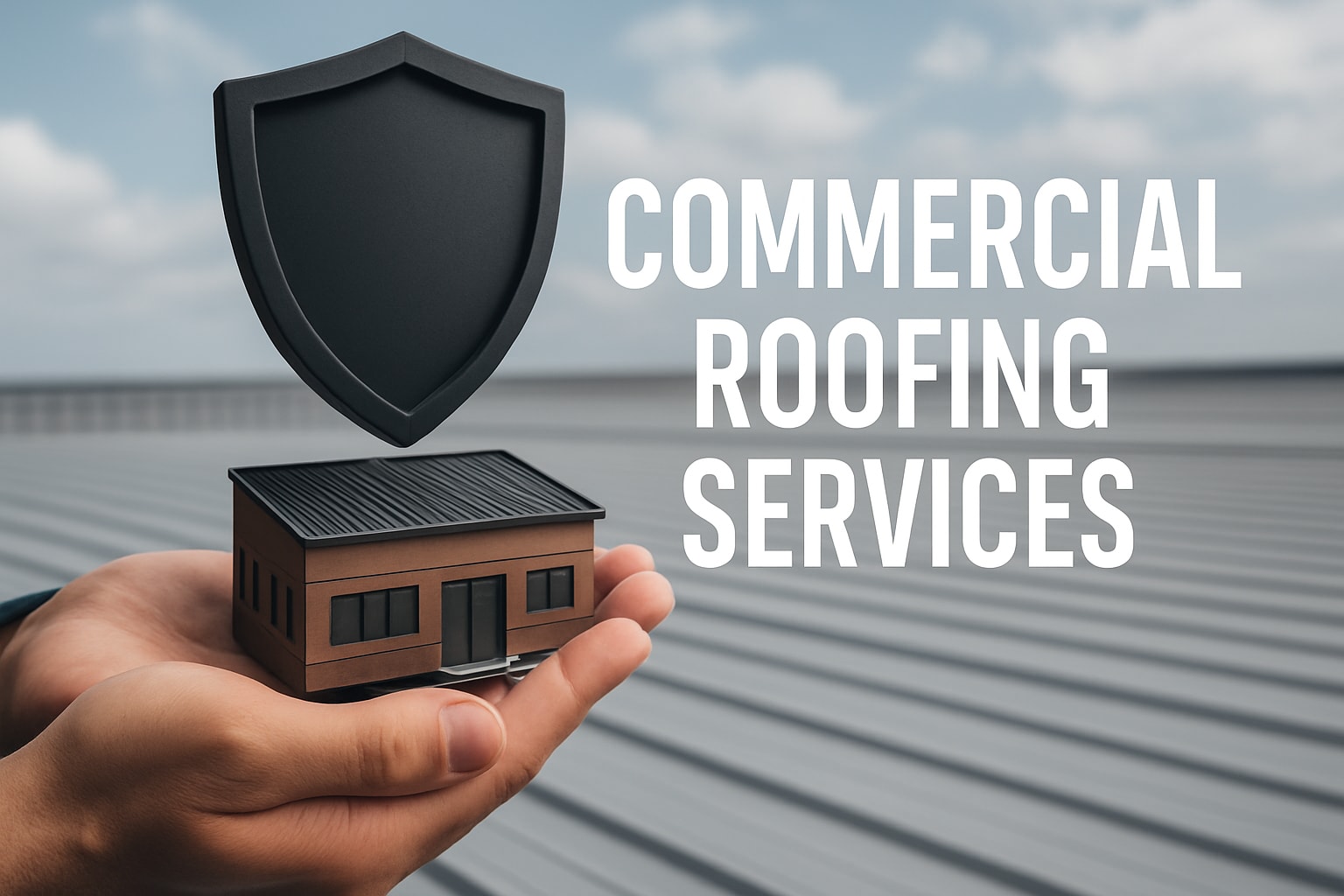 Hands holding a model building with a protective shield above, emphasizing commercial roofing services and protection for businesses.