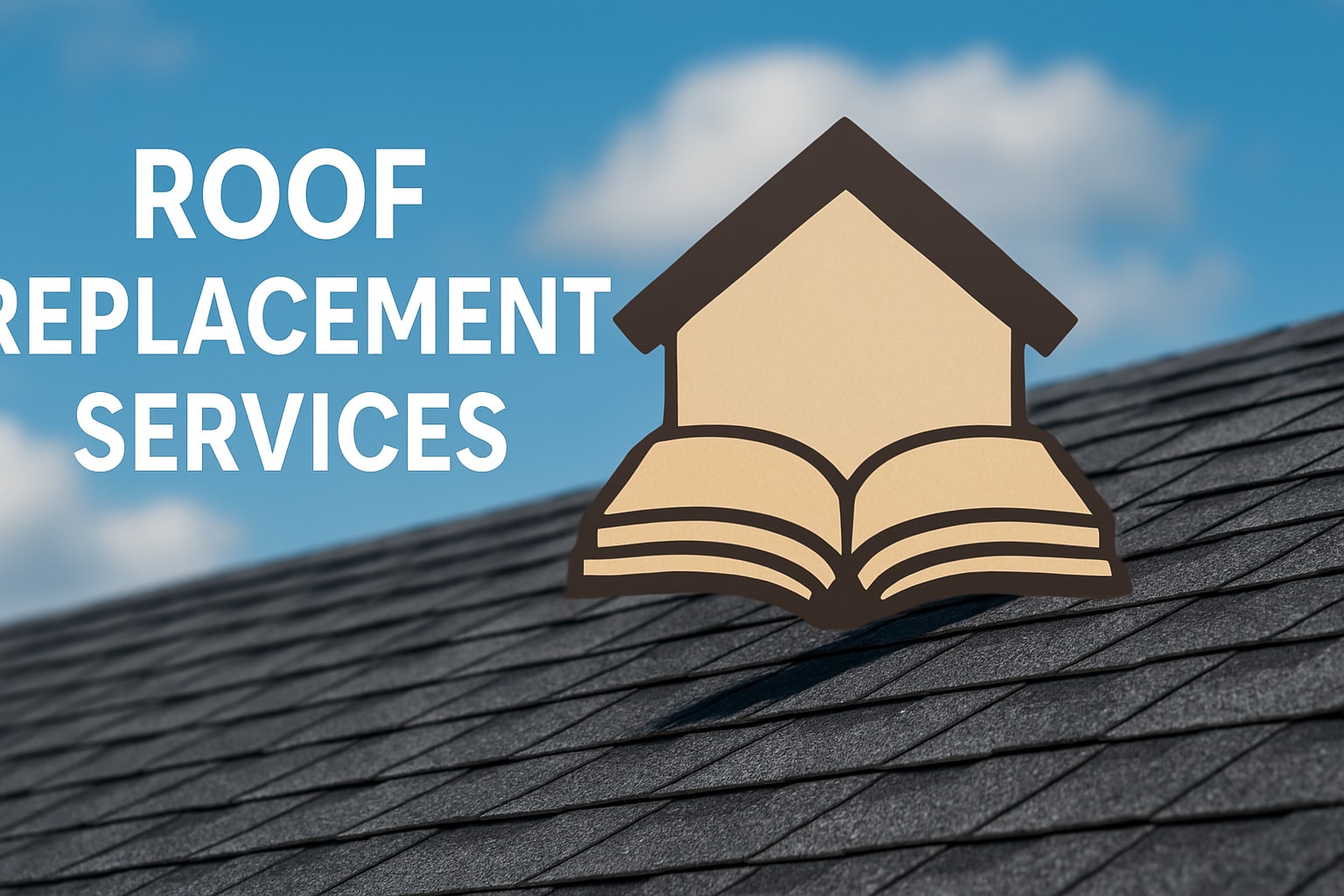 Roof replacement services graphic featuring a house icon and an open book on a shingled roof, set against a blue sky.