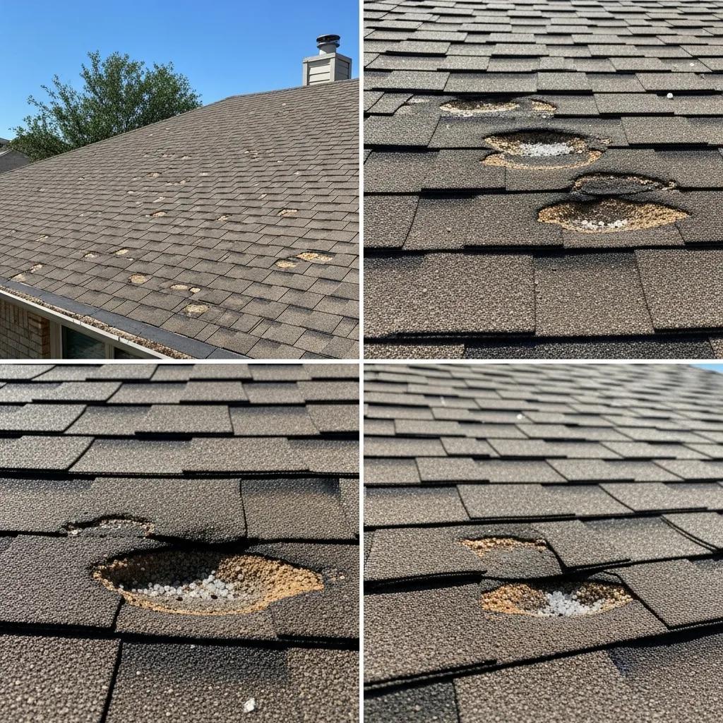Hail-damaged asphalt shingles on a Fort Worth roof under a clear blue sky