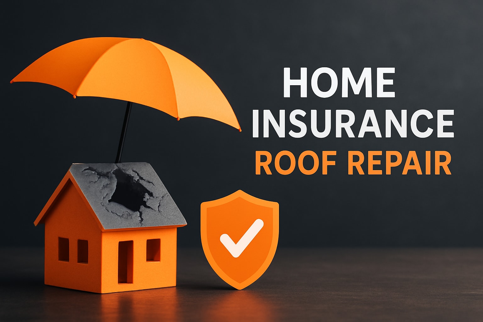 Home model with a cracked roof under an orange umbrella, featuring text "HOME INSURANCE ROOF REPAIR" and a shield icon, symbolizing protection and guidance for homeowners navigating roof repair insurance claims.