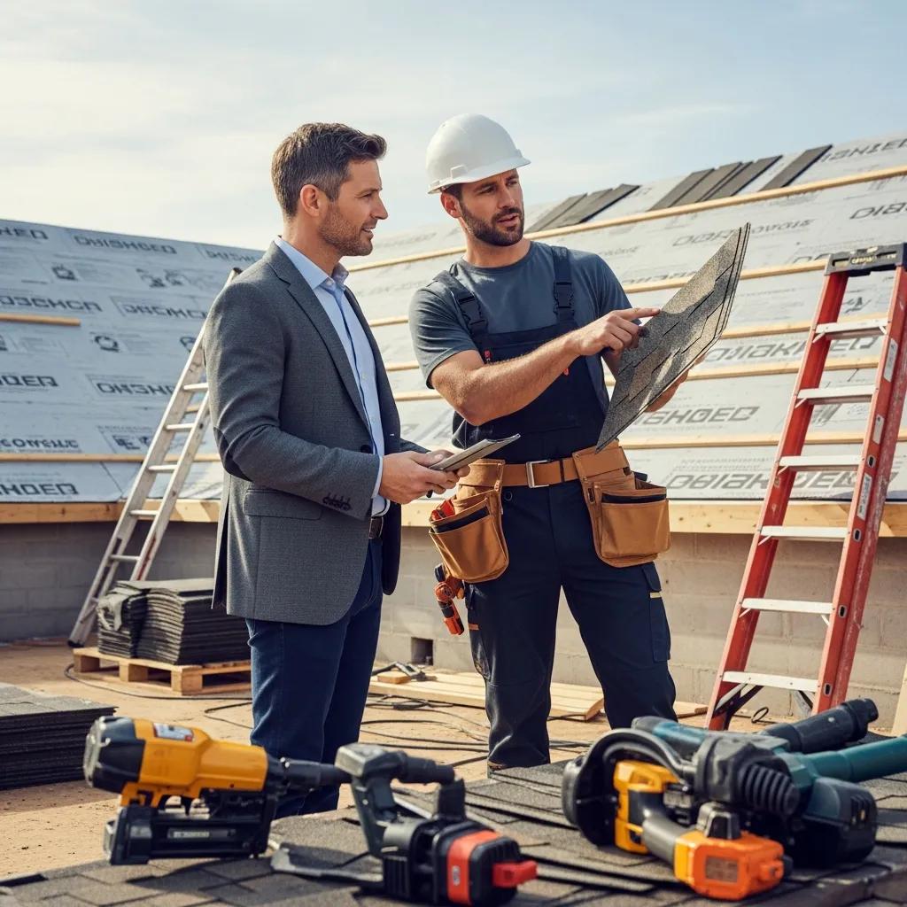 Homeowner consulting with roofing contractor about replacement options, discussing roofing materials, tools, and project details on a construction site in Fort Worth.