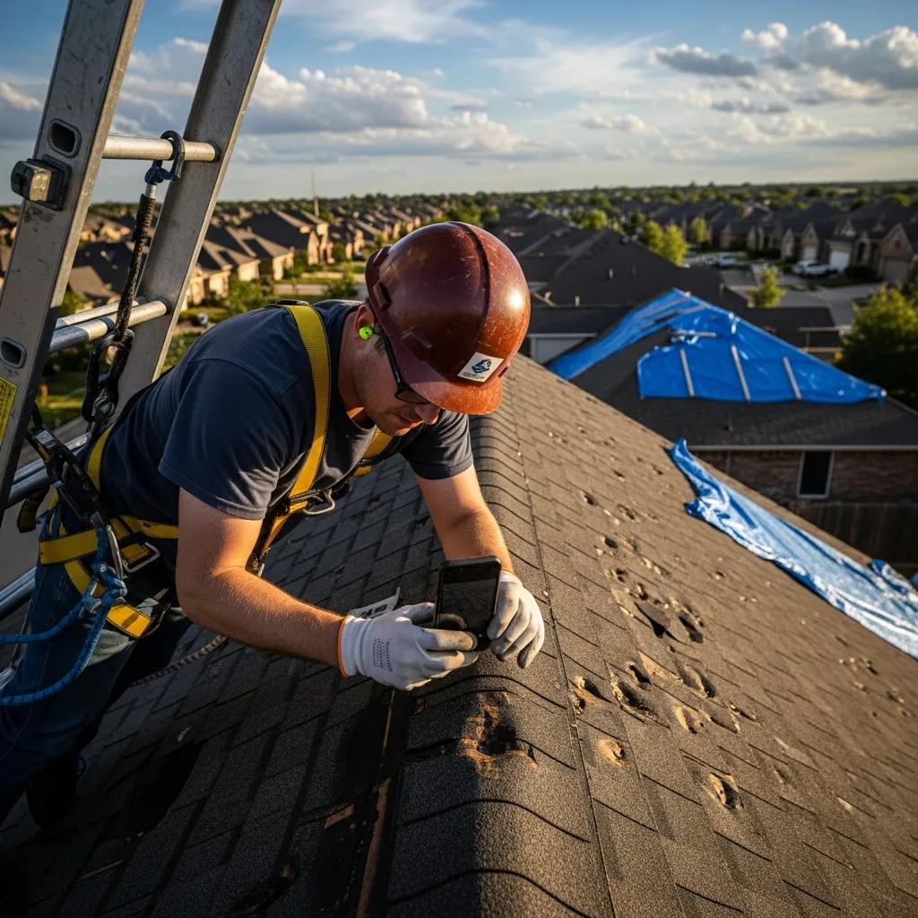 Homeowner documenting hail damage on a roof for insurance claims in Fort Worth