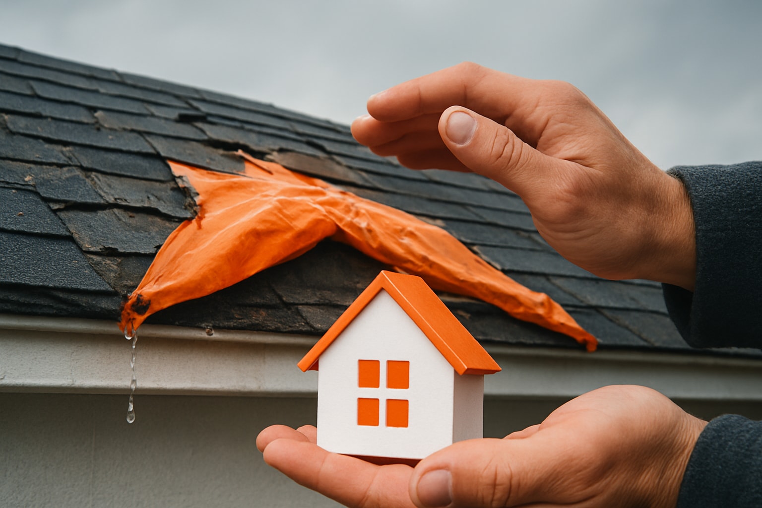 Hands holding a small model house near a damaged roof with an orange tarp, illustrating house insurance roof repairs and protection for homeowners.