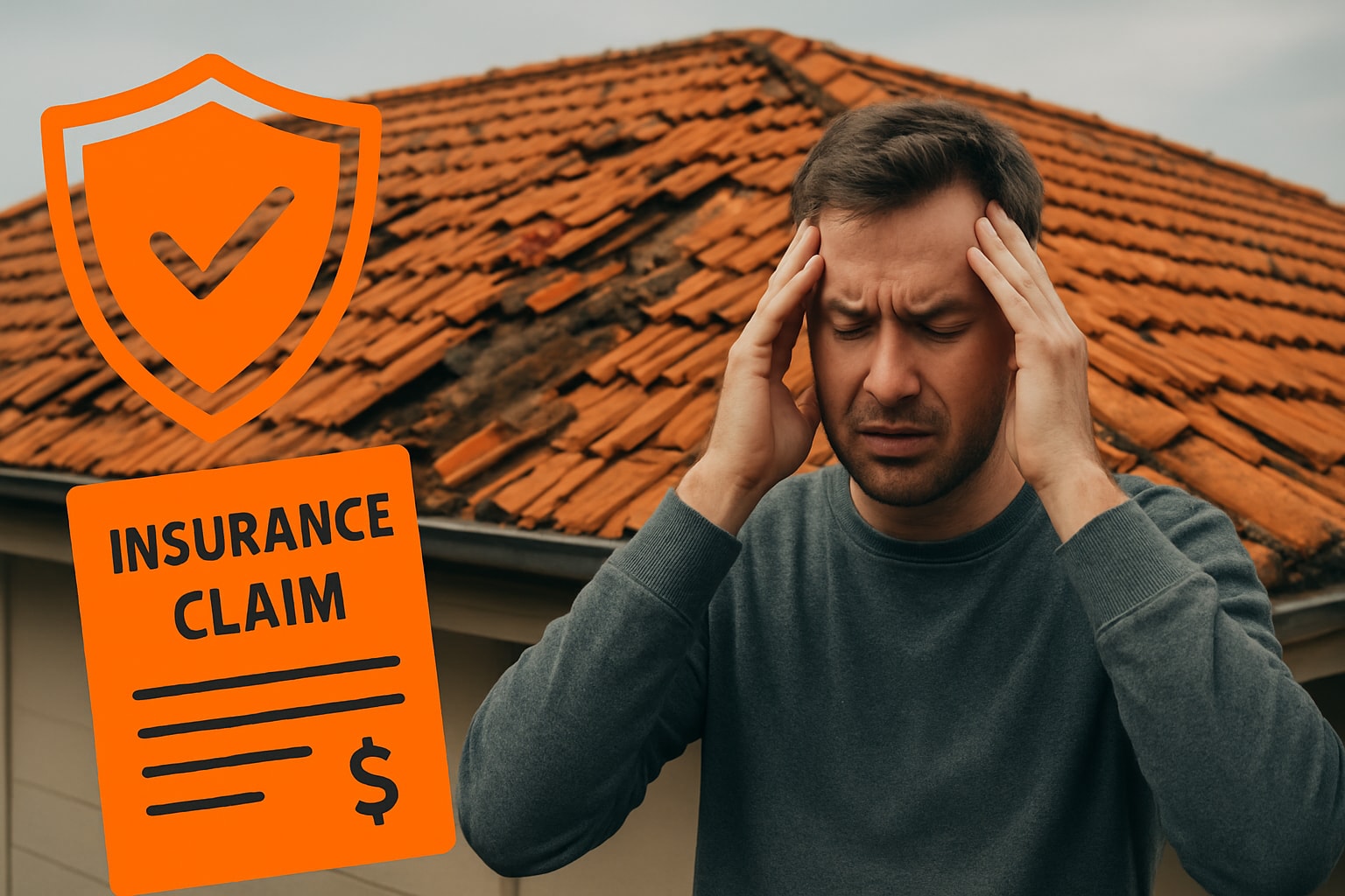 Man with a pained expression holding his head in front of a damaged roof, with an "Insurance Claim" graphic and shield icon, symbolizing the stress of navigating roof damage insurance claims.