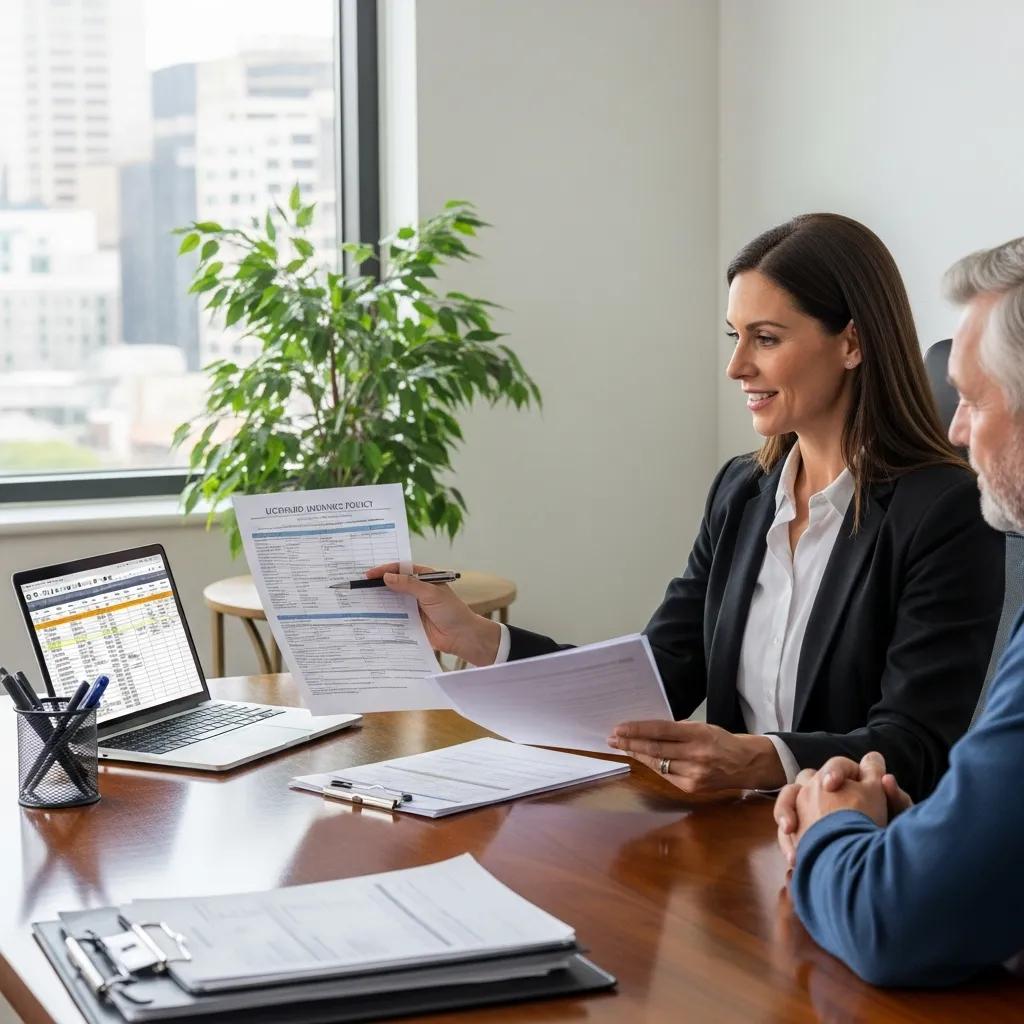 Licensed public adjuster discussing insurance policy with homeowner at desk, laptop displaying data, paperwork for roofing claims assistance, professional setting.