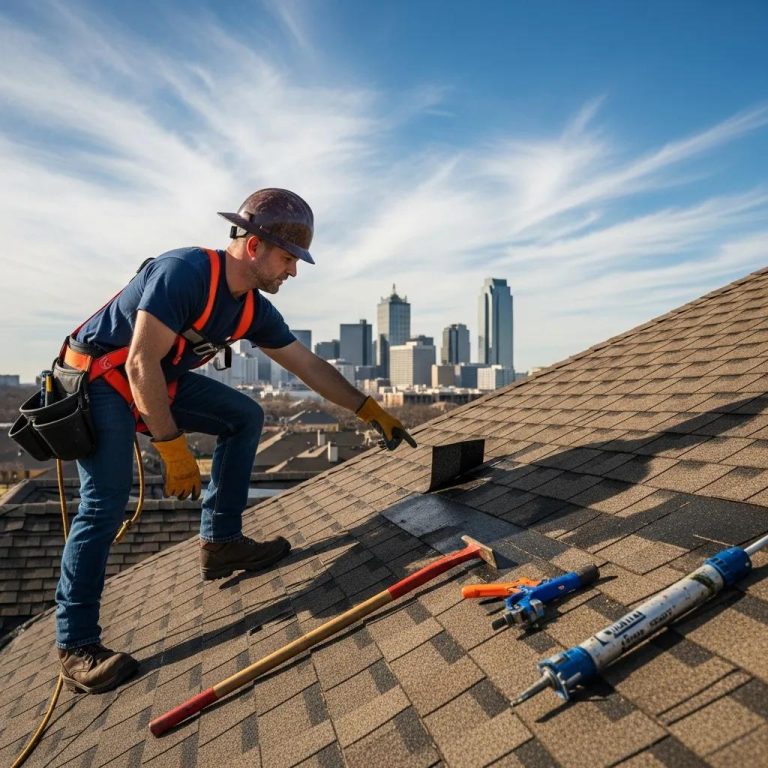 Professional roofer assessing storm damage on a roof in Fort Worth, TX