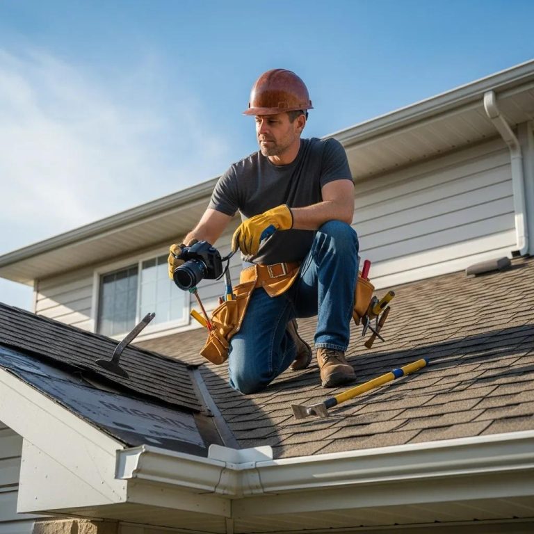 Professional roofer inspecting a residential roof for emergency repairs in Fort Worth