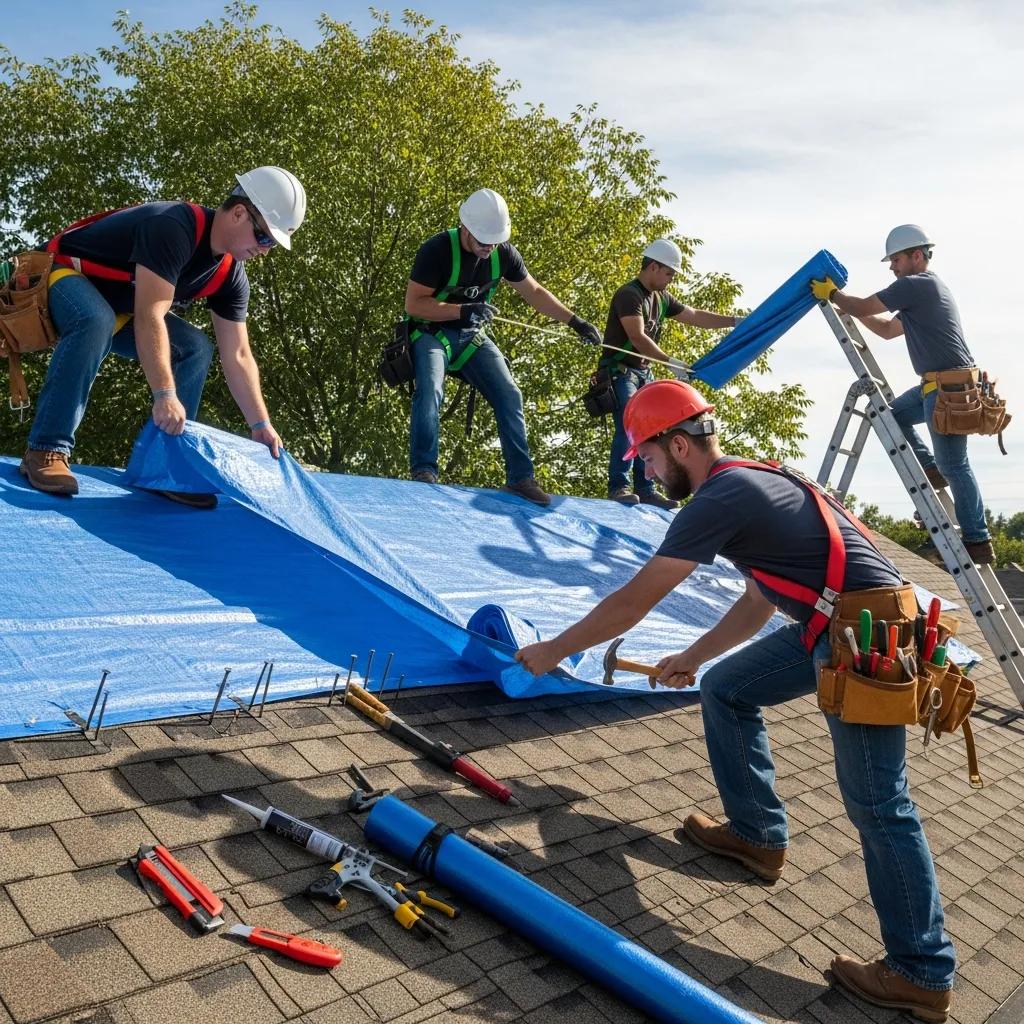 Roofing professionals applying a temporary tarp for urgent repairs on a residential roof, showcasing teamwork and specialized tools in Fort Worth.