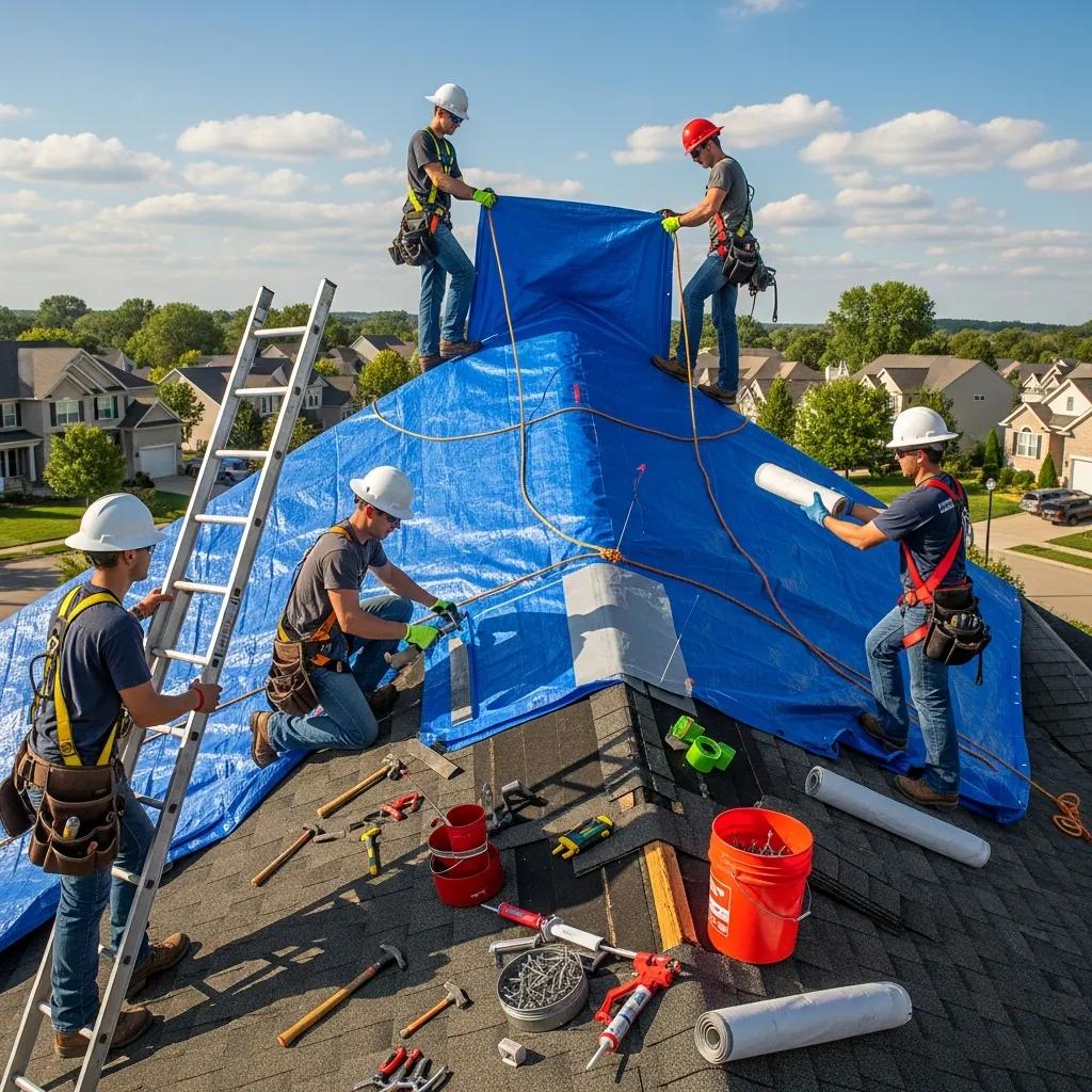 Team of roofers performing emergency repairs on a residential roof in Fort Worth, Texas, using a blue tarp for temporary protection, with tools and equipment visible on the roof.
