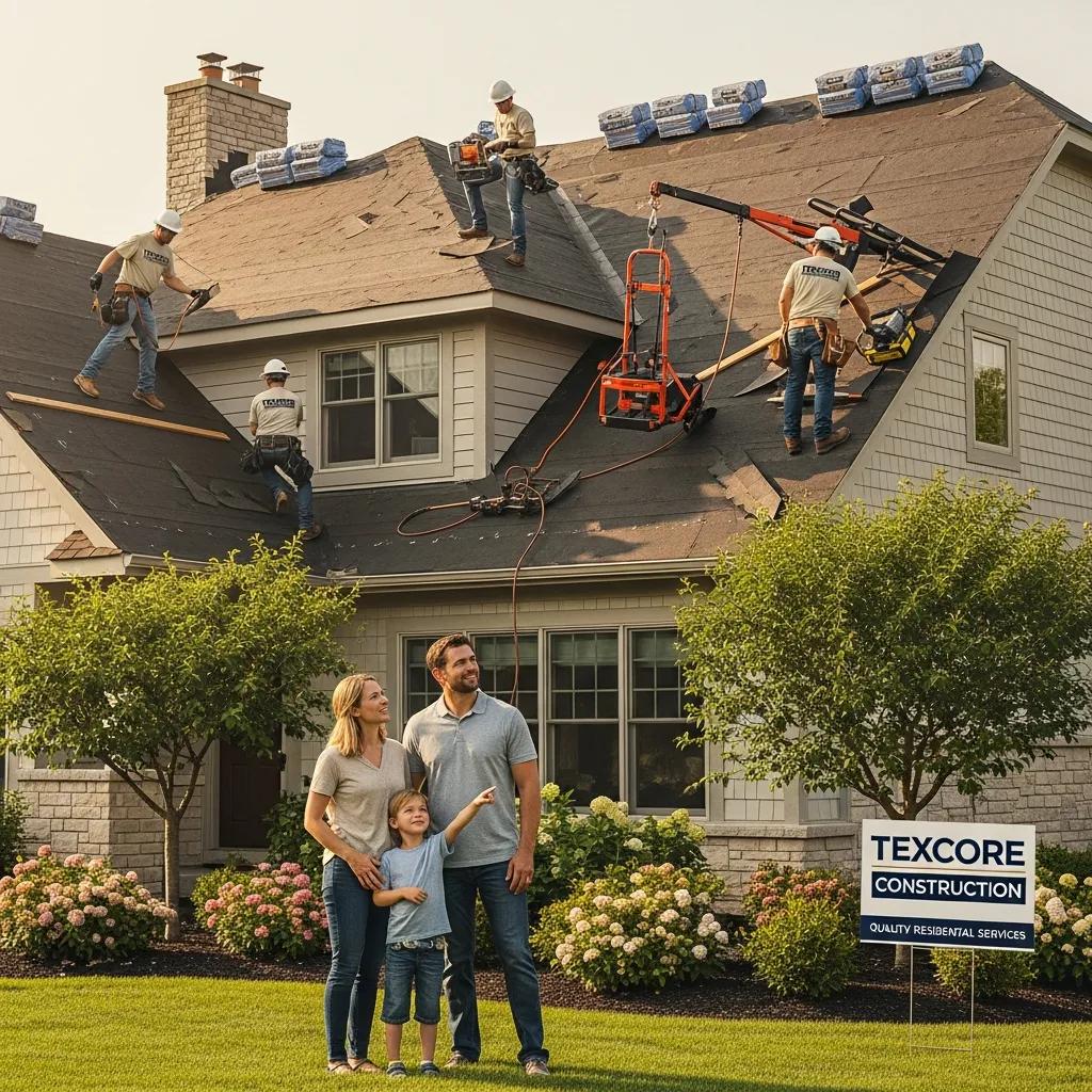 Texcore Construction crew replacing a residential roof with quality service, featuring a family observing the work, showcasing customer satisfaction and professionalism in Fort Worth.