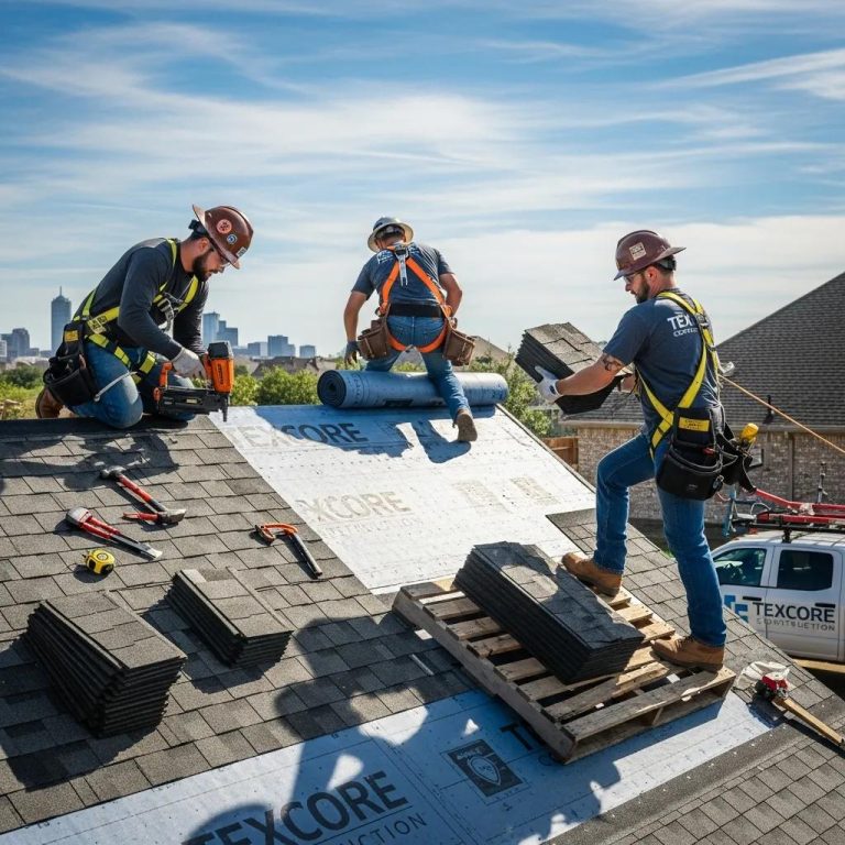 Texcore Construction roofing crew working on a residential roof in Fort Worth, emphasizing quality and teamwork