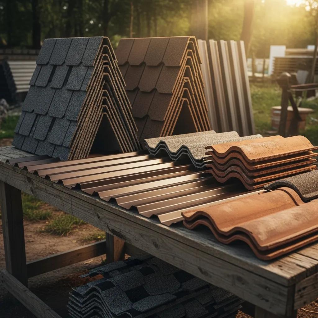 Variety of roofing materials including asphalt shingles, metal roofing panels, and tile options displayed on a wooden table, emphasizing choices for roof replacement in Fort Worth.
