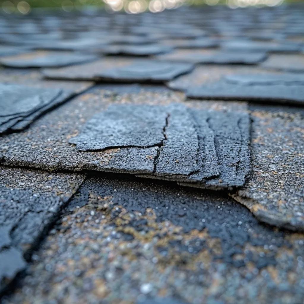 Close-up of damaged asphalt shingles showing cracks and granule loss, highlighting signs of hail damage relevant for roof inspection and maintenance in Fort Worth.