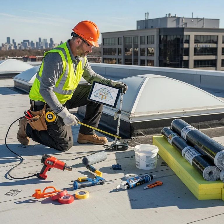 Commercial roofing contractor inspecting modern building roof with tools, measuring equipment, and materials, emphasizing professionalism and expertise in Fort Worth roofing services.