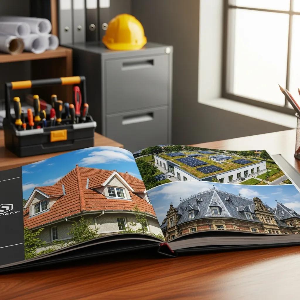 Portfolio showcasing completed roofing projects, including residential and commercial designs, emphasizing quality workmanship and experience in roofing services.