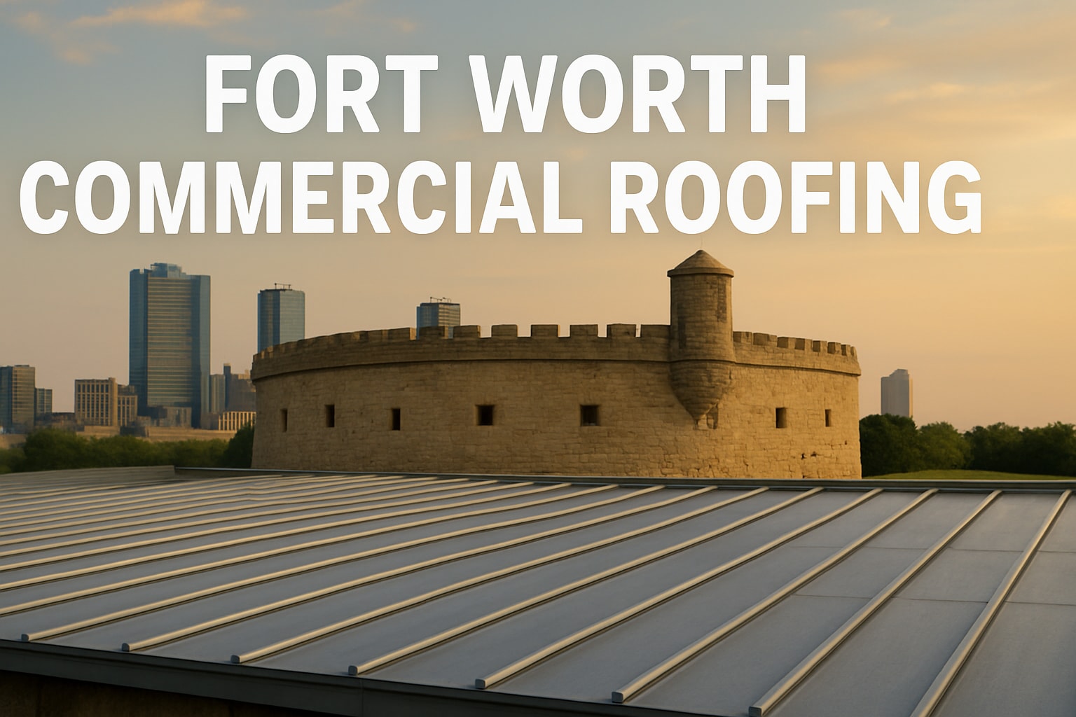 Fort Worth commercial roofing with a modern metal roof in the foreground and historic stone structure in the background, highlighting the blend of durability and architectural diversity in Fort Worth's roofing landscape.