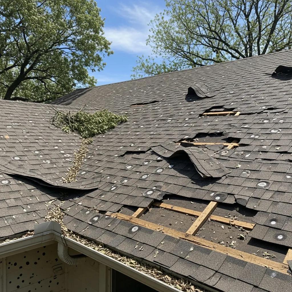 Hail and wind-damaged Fort Worth roof showing missing shingles, exposed wood, and debris, illustrating signs of severe weather impact for effective inspection and repair guidance.