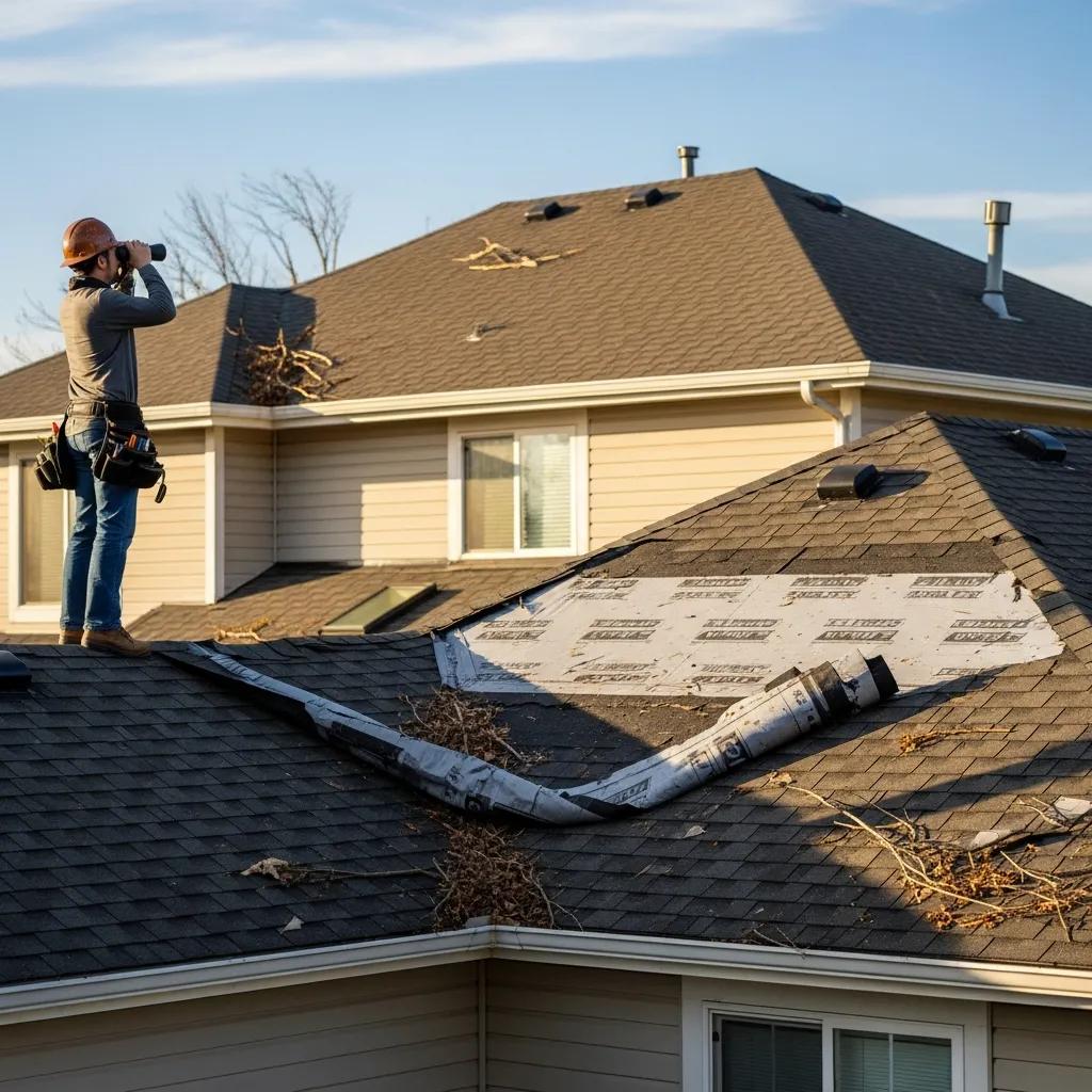 Person inspecting a roof for wind damage, highlighting lifted shingles and debris, with visible underlayment exposed on a residential building in Fort Worth, Texas.