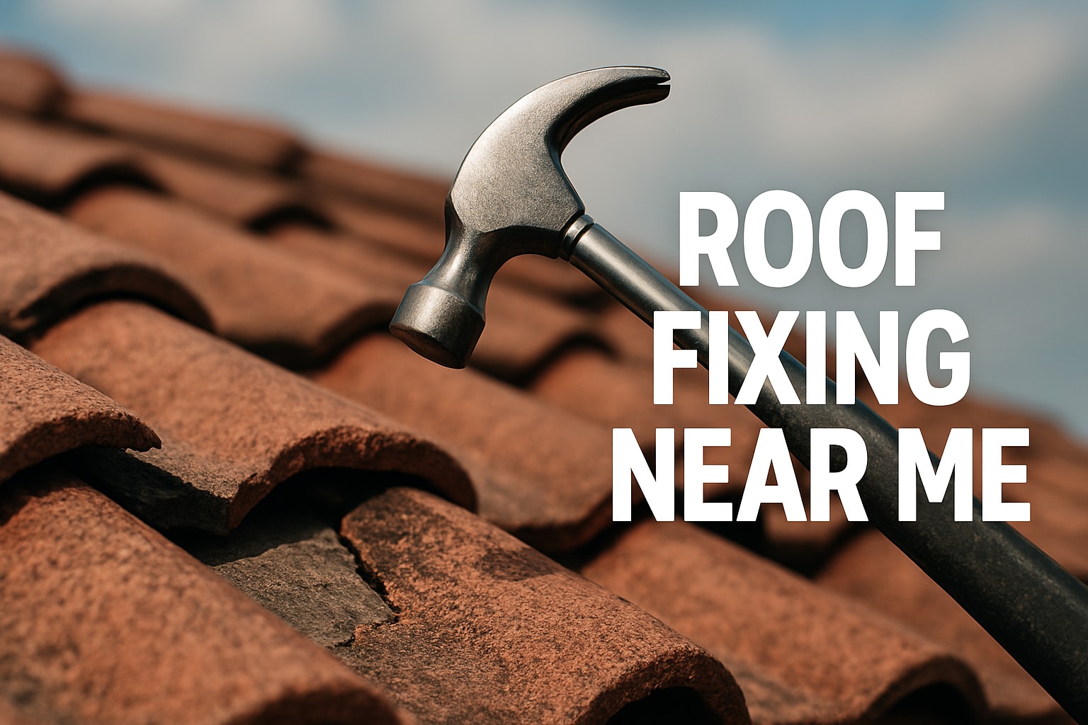 Hammer resting on a tiled roof with text "Roof Fixing Near Me," emphasizing urgent roofing repair services for homeowners and property managers.